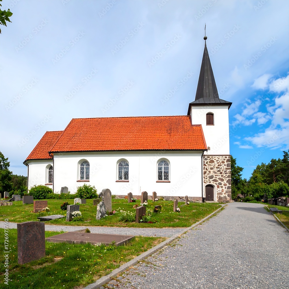 Fototapeta premium White church with red roof, graveyard