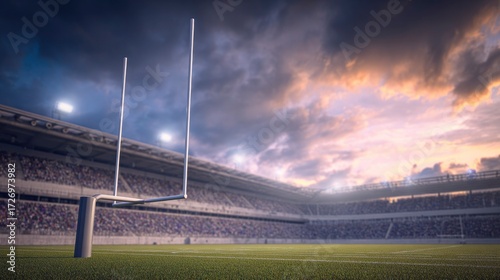 Football goalpost on empty stadium field under dramatic sunset lighting.