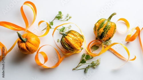 Autumnal pumpkins decorated with ribbons