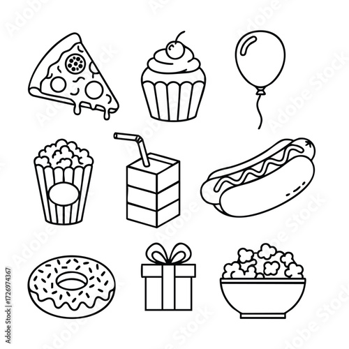 A delightful assortment of snacks and treats including pizza, cupcakes, and popcorn for festive celebrations.