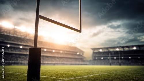 Football goalpost on empty stadium field under dramatic sunset lighting.
