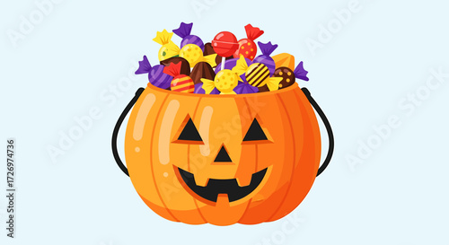 A pumpkin-shaped bucket overflowing with colorful Halloween candies.
