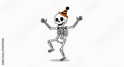 A cheerful cartoon skeleton wearing a party hat, dancing with arms raised in celebration.