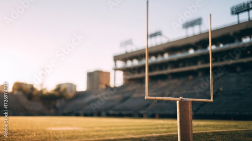 Football goalpost on empty stadium field under dramatic sunset lighting.
