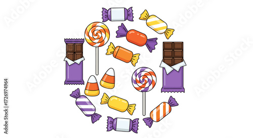 A colorful assortment of candies including lollipops, chocolate bars, and wrapped sweets arranged in a circular pattern.