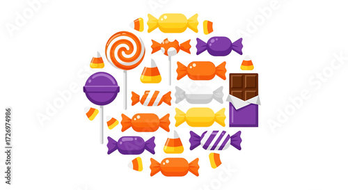Circular composition of assorted sweet Halloween treats and confections. Flat design vector graphic with lollipops, chocolate, and wrapped candies