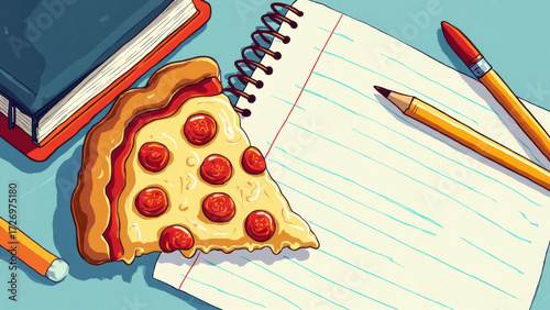 Pizza slice on a desk with school supplies