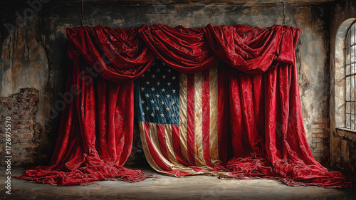 A textured rustic backdrop highlights the symbolic drape of the american flag in patriotic