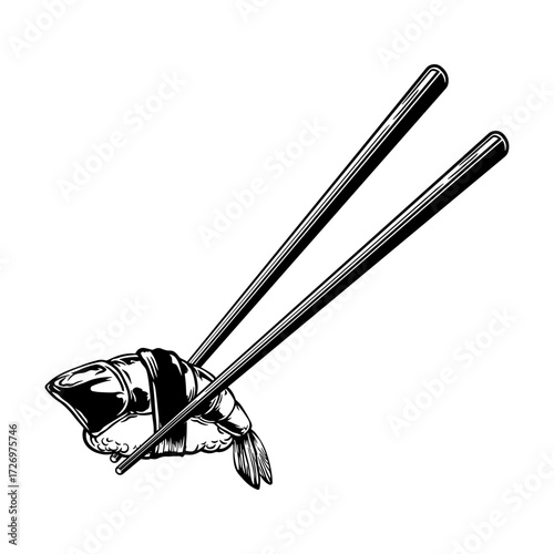 Black silhouette of sushi with shrimp and chopsticks without background.