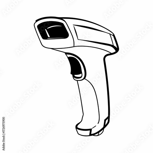 Illustration of a handheld barcode scanner with a trigger and viewing window in black and white outline