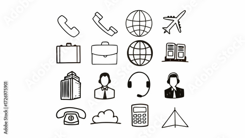 Illustration showing business and communication icons including phone globe airplane and calculator elements
