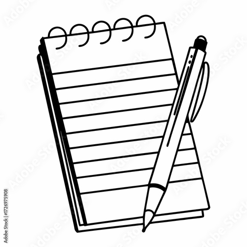 Illustration of a lined notepad with spiral binding and a pen resting on the pages in black and white