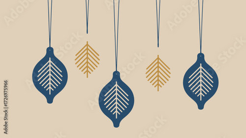 Ornaments hanging with leaves and teardrop shapes in blue and gold on a light tan background