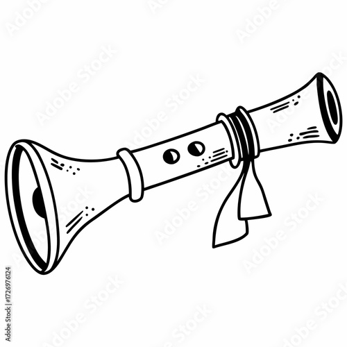 Illustration of a shawm, an ancient double reed wind instrument with two finger holes and a ribbon tie