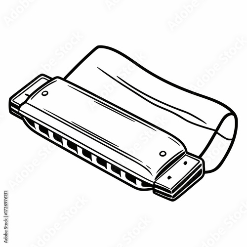 A detailed black and white line drawing of a harmonica with its case partially covering the instrument