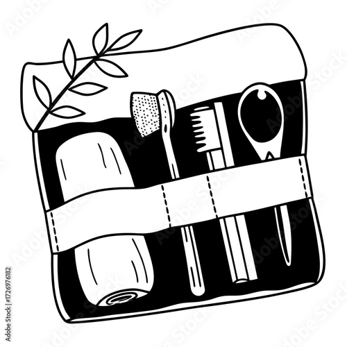Hand drawn toiletry bag with toothbrushes, toothpaste, and nail clippers on a white background design