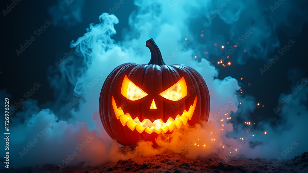 Naklejka premium Jack-o'-lantern glows in ember mist—surreal, sculptural, and pulsing with menace, ritual, and poetic tension.