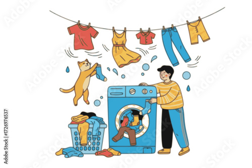 Laundry Day Scene Illustration. Chores, Home Life, Fresh Clothes, and Domestic Activities. Washing, Drying, Folding, Everyday Life.