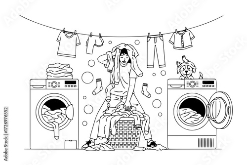 Laundry Day Scene Illustration. Chores, Home Life, Fresh Clothes, and Domestic Activities. Washing, Drying, Folding, Everyday Life.