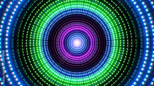 Glowing Purple, Green, and Blue LED Circle Lights for Music Background VJ Loop – Seamless Neon Light Animation with Dynamic Motion for DJ Sets and Visual Performances