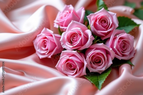 Delicate pink roses nestled on luxurious blush silk fabric, luxurious, soft