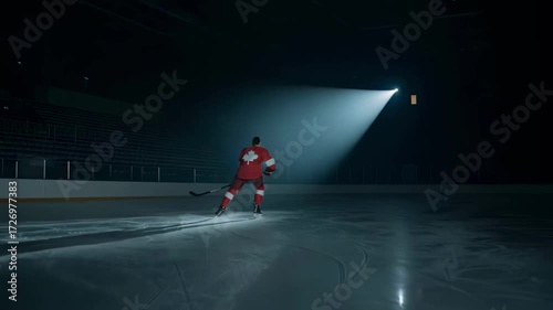 A lone hockey player in a red jersey with a maple leaf stands on the ice of a dark arena, illuminated by a single spotlight, embodying determination, national pride, and professional sports
