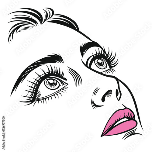Stylized Black and White Illustration of a Woman's Face with Pink Lips and Dramatic Eyelashes