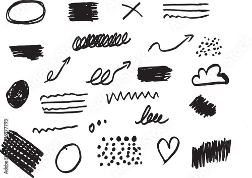 Hand drawn doodle sketch lines arrows symbols abstract marker brush shapes isolated on white background