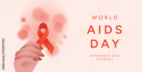 World AIDS Day background with Hand holding Red Ribbon symbol, blurred circles design. December 1 awareness campaign. HIV AIDS prevention and support. Vector illustration for poster, banner