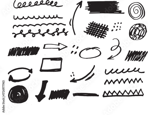 Hand drawn doodle sketch arrows lines shapes abstract marker elements isolated