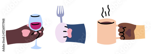 Cartoon Color Cat Paws Holding Different Items Glass Wine, Fork and Mug Set Concept Flat Design Style. Vector illustration