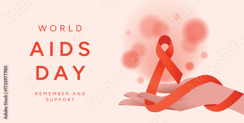 World AIDS Day background with Hand and Red Ribbon symbol. December 1 awareness campaign. HIV AIDS prevention and support. Vector illustration for poster, banner, flyer, card, cover