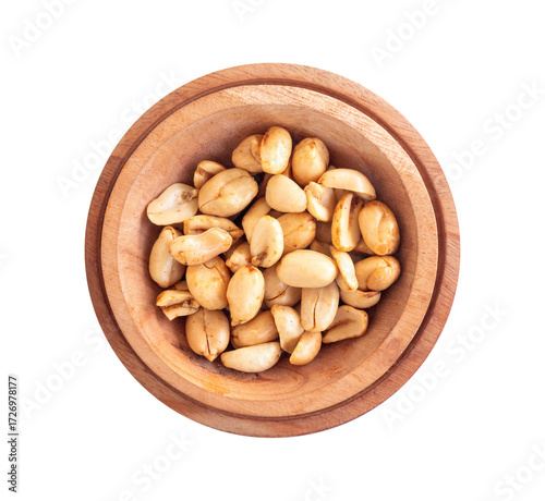 flat lay of peanuts in a wooden bowl isolated on hite background