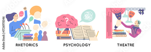 Cartoon Color Education Course Concept Rhetoric, Psychology and Theatre Subjects Set Flat Design Style. Vector illustration