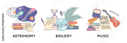 Cartoon Color Education Course Concept Astronomy, Biology and Music Subjects Set Flat Design Style. Vector illustration