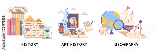Cartoon Color Education Course Concept History, Art History and Geography Subjects Set Flat Design Style. Vector illustration