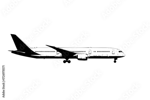 Boeing 787 Dreamliner Airplane Side View. Modern, Wide-Body Commercial Aircraft. Aviation, Travel, Air Transport, and Global Journey.