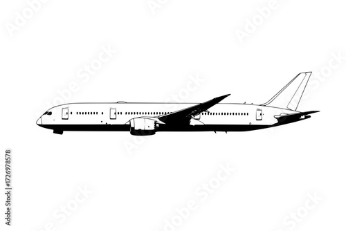 Boeing 787 Dreamliner Airplane Side View. Modern, Wide-Body Commercial Aircraft. Aviation, Travel, Air Transport, and Global Journey.
