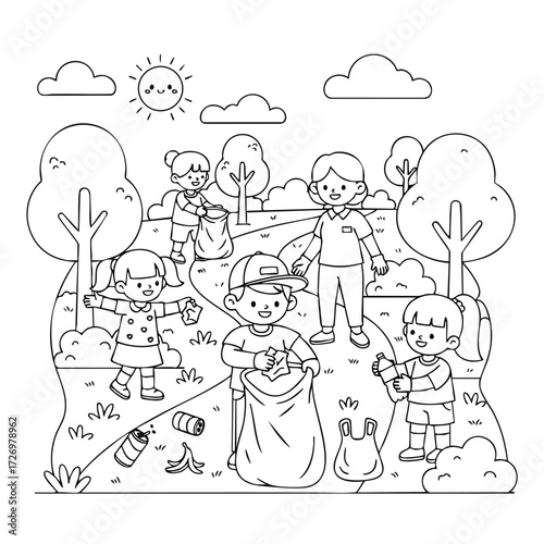 A group of children joyfully cleaning up a park, collecting trash and enjoying a sunny day outdoors together.