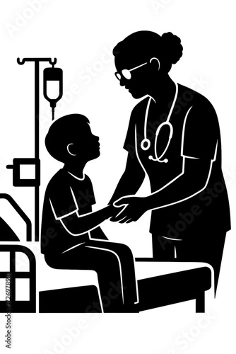 Nurse with stethoscope comforts child on hospital bed, IV drip, pediatric care