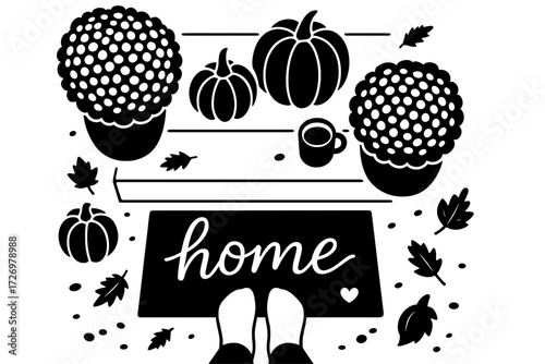Autumn porch black on white with pumpkins, mums, coffee and home doormat
