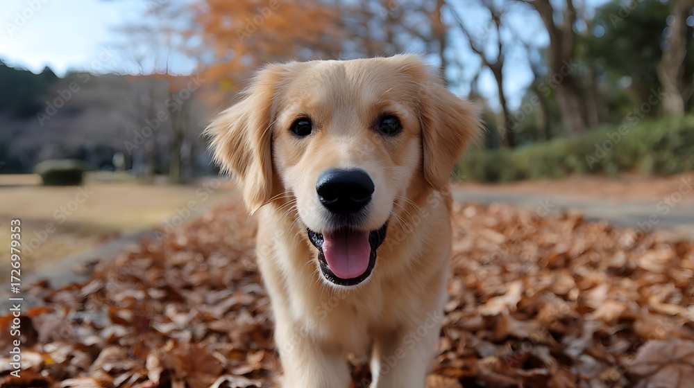 Obraz premium A cheerful golden retriever dog happily exploring a scenic autumn landscape filled with fallen leaves and natural surroundings.