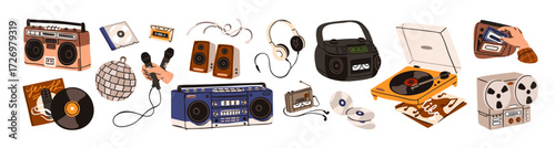 Musical retro items set. Old vinyl and tape cassette players. Boombox, compact disks, mix tapes, headphones, microphones and speakers to play music. Flat isolated vector illustrations on white.