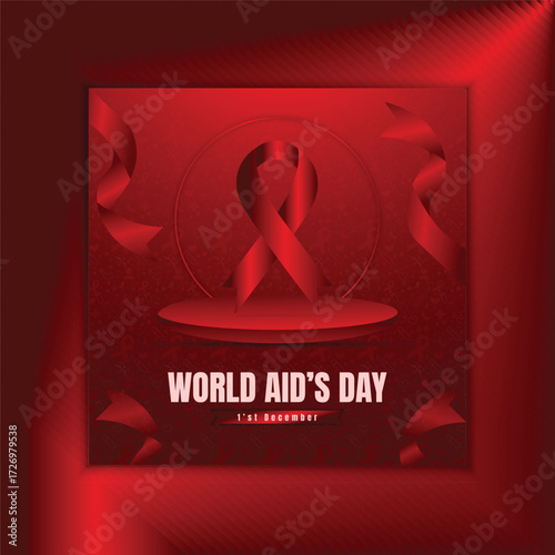 Flat banner of world aids day December 1 with ribbon, world map, and text. United with the Red Ribbon, Global Hope & Compassion.	