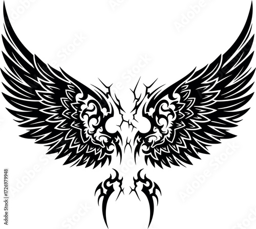 Detailed illustration of a black, symmetrical angel wings tattoo design for creative projects and art