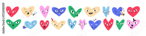 Set of colored doodle hearts with different emotions. Signs of love with happy, sad, angry, scared, shocked and crying faces. Symbol of affection. Flat isolated hand drawn illustration on white.