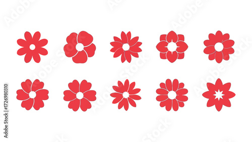 Red Blossom Array: An organized arrangement of striking red flower designs, showcasing a variety of petal shapes, symbolizing nature's beauty.