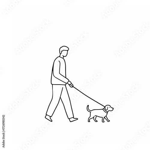 Man walking a dog on a leash, minimalist line art vector illustration, ai generated.