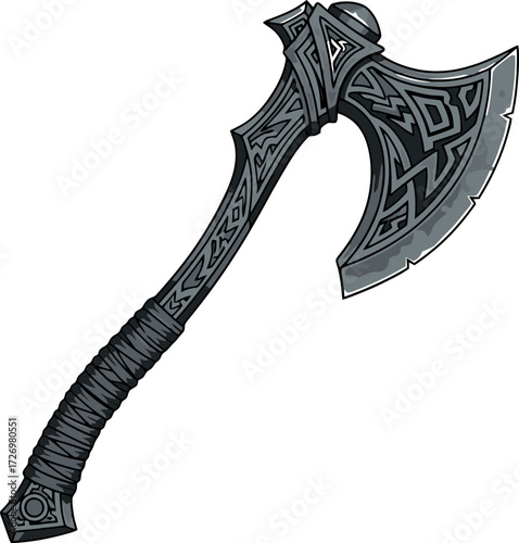 Mythical barbarian battle axe with intricate tribal engravings. A vector design asset illustrating a powerful fantasy weapon concept for games and mythology