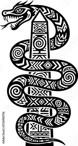 Vector graphic of a tribal dragon serpent coiling around an ornate and ancient monolith with geometric patterns
